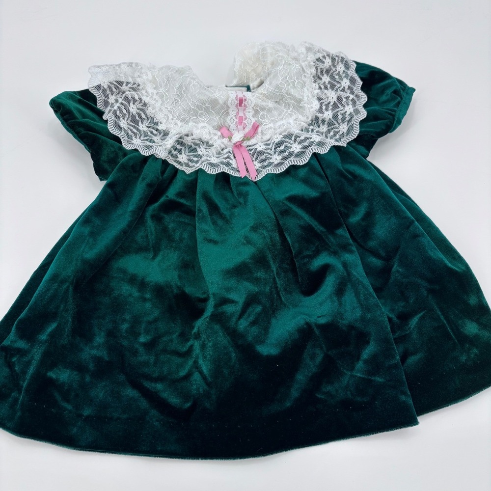 Vintage  Little Precious  Emerald Green Velvet‎ Lace Baby Dress 80s 90s Rare 12M